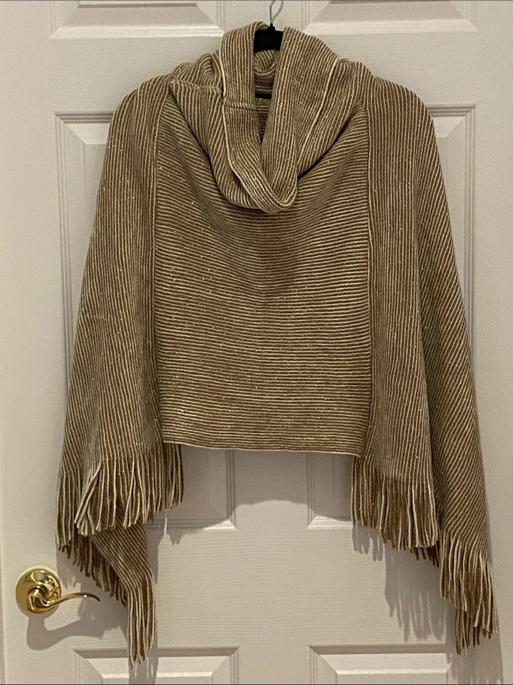 Chico's Tan Ribbed Cowl-Neck Fringe Poncho